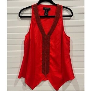 MM Couture Red Beaded V-Neck Tank Top Tulip Hem Party Blouse Womens S